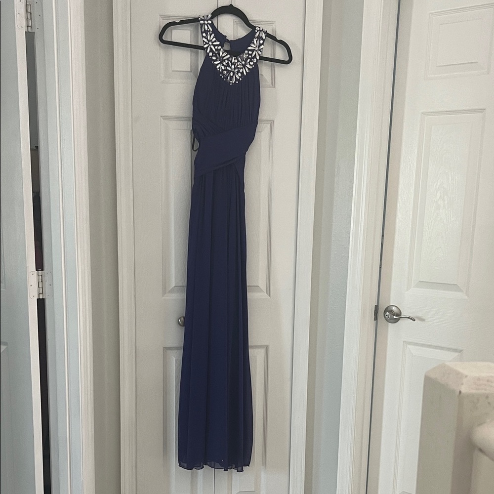 Navy Beaded Halter Evening Gown - Women's Dress